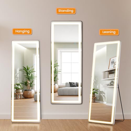 LED Full Length Standing Mirror 64" x 21" with Three Color Modes - White LED Arched Floor Mirror