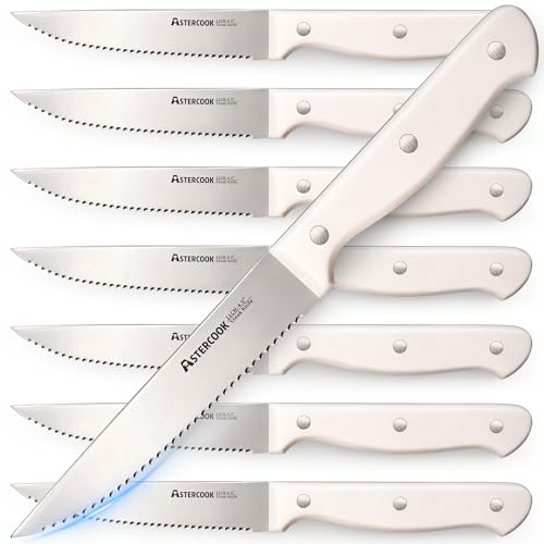 Astercook Set of 8 High Carbon Stainless Steel Steak Knives - Full Tang, Serrated, Dishwasher Safe, Cream White Handles