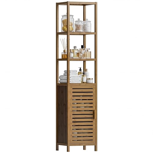 Walnut Bamboo Bathroom Tall Cabinet - 6 Tier Narrow Storage Unit with Removable Shelves