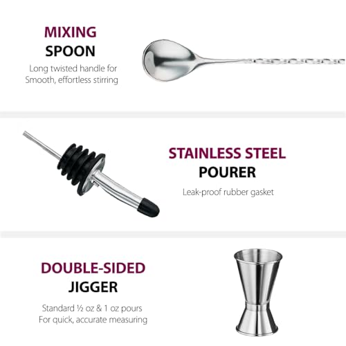 FineDine Stainless Steel Cocktail Shaker Set with Bartender Tools & Wooden Stand