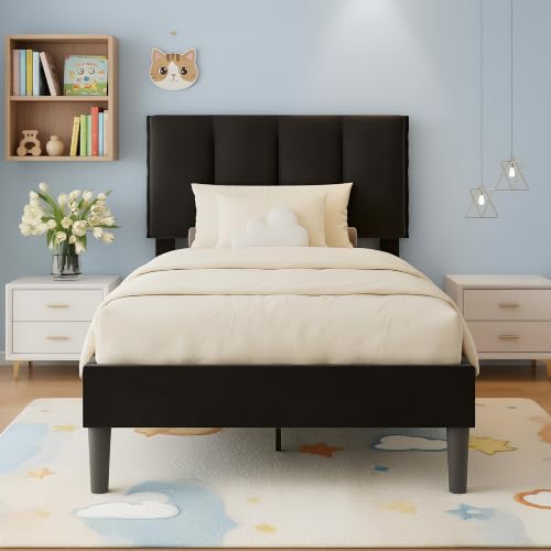 VECELO Twin Size Bed Frame with Upholstered Headboard - Black, 2-Black