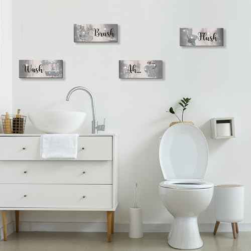 FENCORDAR 4 Pcs Silver Bathroom Decor Abstract Grey Black White Wall Decor Wooden Silver Bathroom Accessories Modern Funny Glitter Wall Art for Home Toilet Decoration 10x4 Inches