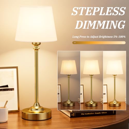 White and Gold Cordless Rechargeable Table Lamp - 15.8in Empire Shade