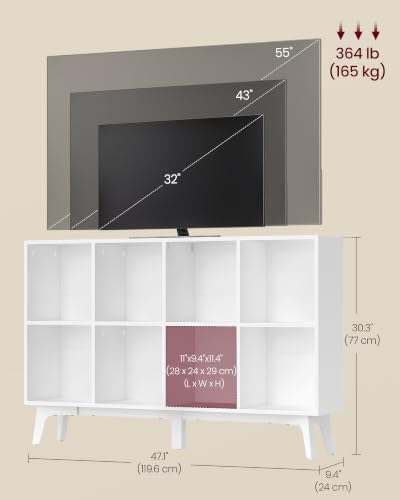 VASAGLE Mid-Century Modern 8-Cube Bookcase with Legs - Cloud White, 47.1 x 9.4 x 30.3 Inches