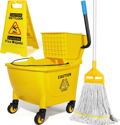 35Qt Commercial Mop Bucket with Side Press Wringer on Wheels - Yellow