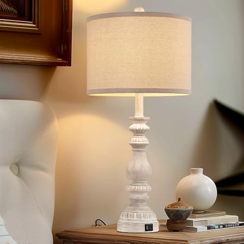 Farmhouse Table Lamps Set of 2 - 28.5in Rustic White Bedroom Nightstand Lamps with USB C+A, Rotary Switch, No Bulbs