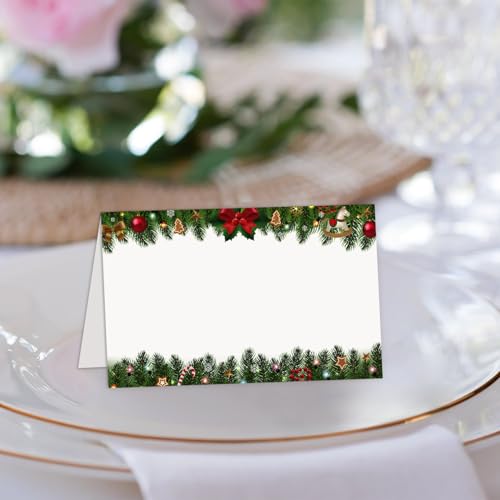 Red Bow Christmas Place Cards 25 Pack, Foldable Tent Name Cards for Holiday & Wedding