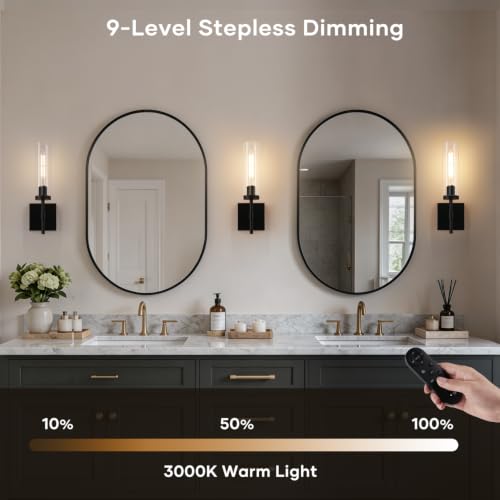 Rechargeable Wireless Wall Sconces Set of 2 with Remote Control - Matte Black & Clear Glass, 3000K Warm Light