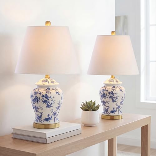 JONATHAN Y Penelope Set of 2 Blue/White Ginger Jar LED Table Lamps, 22"