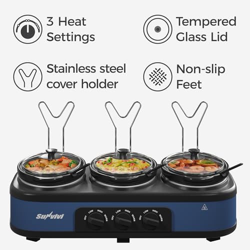 SUNVIVI Blue Triple Slow Cooker with 3 Removable Ceramic Pots & Glass Lids
