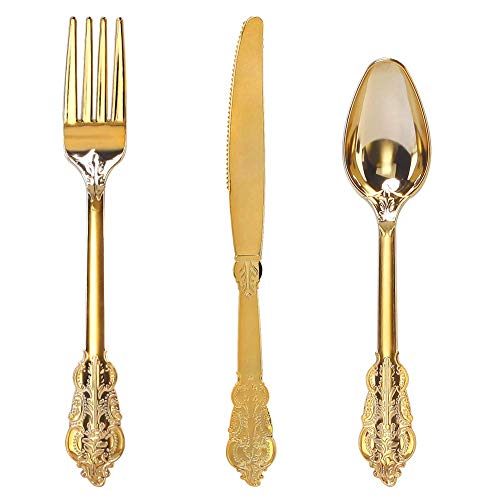 WDF Gold Baroque Disposable Plastic Silverware Set 300 Pieces for Parties