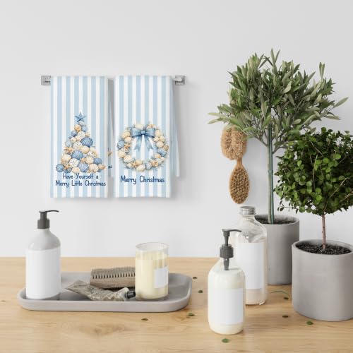 Blue Coastal Shell Christmas Kitchen Towels 16x24 Set of 2 - Color 01
