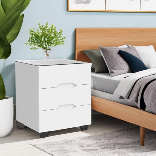 White Smart Nightstand with Wireless Charging & Adjustable LED Lights - 3 Drawer Bedside Table