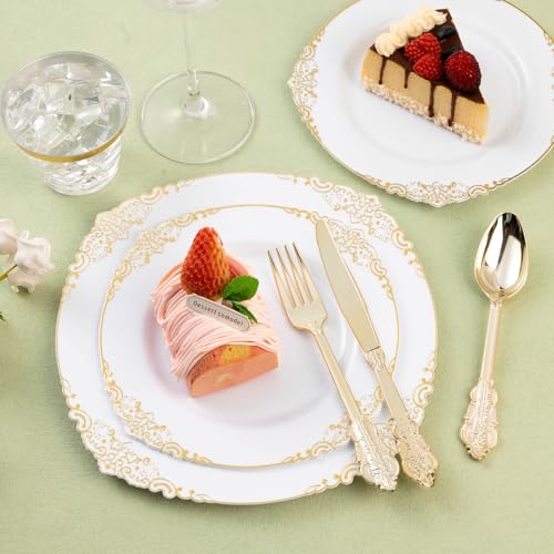 Gold Plastic Silverware Set with 100 Pre-Rolled Napkins - Vintage Design, Heavy Duty, Disposable for Parties & Weddings - Gold / 100