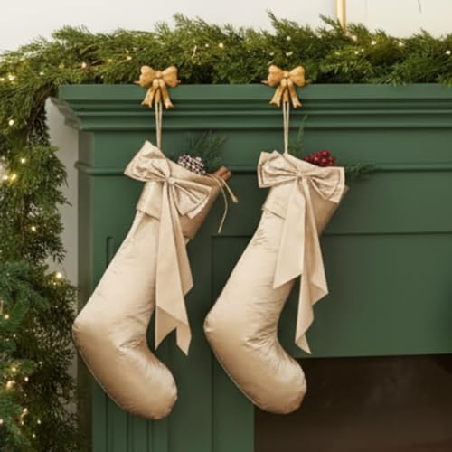 Seematn 2 Pcs 18" Deluxe Satin Champagne Gold Christmas Stocking with Bow - Champagne Gold