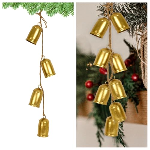 Gold Cow Bells for Christmas Decoration,Metal Brass Bell Rustic Wall Hanging Bell on Jute Rope, Vintage Jingle Bell Ornaments for Christmas Wreaths,Tree and Door Decor-4 Bells