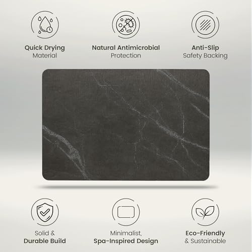 Solvio Charcoal Quick Dry Shower Stone Bath Mat - Non-Slip, Absorbent, 24x16 Inch, Diatomaceous Earth Bathroom Floor Mat