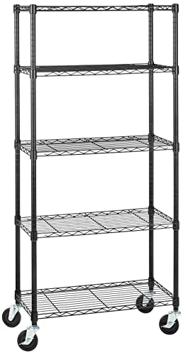 Heavy Duty Garage Shelving Storage Rack with Wheels - 5-Shelf, 30 x 14 x 64.75 inches, Black, Adjustable Steel Organizer