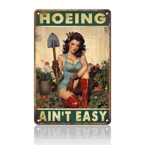 PEACHGARDEN Hoeing Ain't Easy Garden Sign Metal Garden Signs for Outside Yard Art Funny Outdoor Wall Decor Gardening Gifts for Women 8x12 Inch