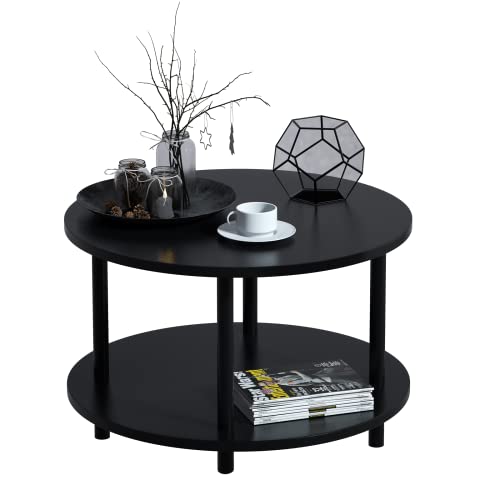 23.5-Inch Black Round Coffee Table with Open Storage - Small Space 2-Tier Wooden Center Table - Vanrohe Variation