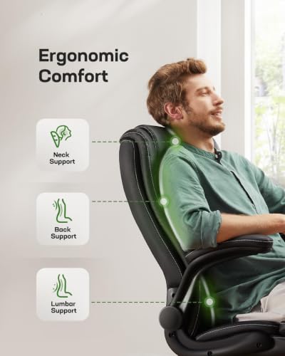Marsail Black Executive Office Chair with Flip-up Armrests, Ergonomic Height-Adjustable Swivel Desk Chair