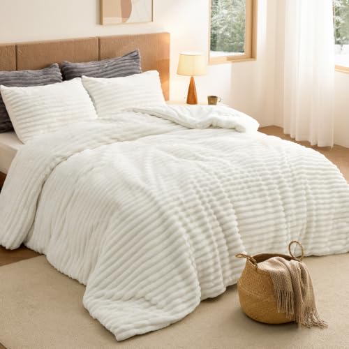 Bedsure Queen Fluffy Comforter Set - Cream White, 90x90 Inch Cozy Fleece Bedding