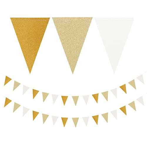 White-Gold Champagne Party-Decorations Banner,2 Pack Christmas Wedding Engagement Hanging Paper Triangle Pennant Flags Streamers,Bachelorette Neutral Baby Bridal Shower Supplies Decor Lasting Surprise