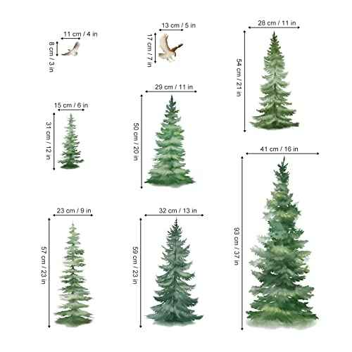 decalmile 6 Watercolor Pine Tree Wall Decals Christmas Woodland Wall Stickers Nursery Bedroom Living Room Wall Decor(H: 37inches)