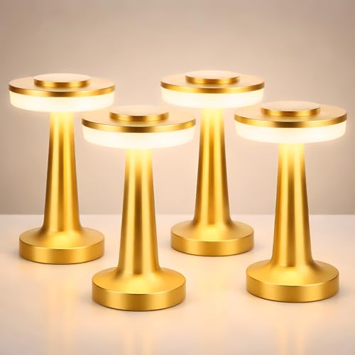 Riakrum 4-Pack Gold Rechargeable Cordless LED Table Lamps - Portable & Touch-Control