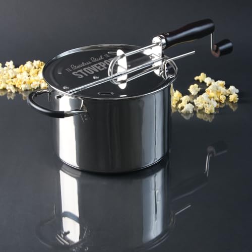 Stainless Steel Popcorn Popper - 6 Qt Induction Range Compatible, Hand Crank, Magnetic Lid