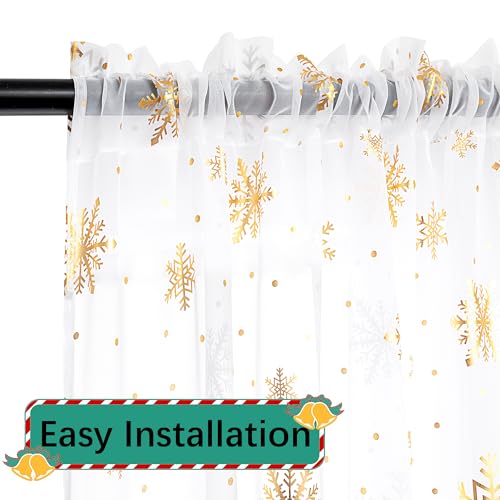 Karseteli 52W x 84L Snowflake Gold Foil Christmas Sheer Curtains, 2 Panels White
