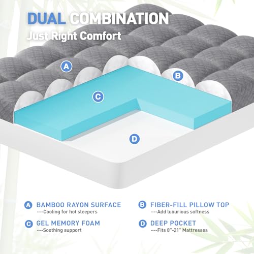 Twin XL Memory Foam Mattress Topper with Gel & Down Alternative Layer - Gray