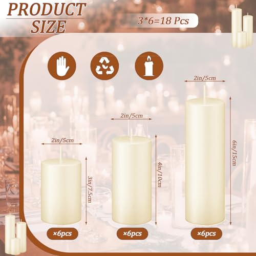 18 Pcs Ivory Pillar Candles Bulk Set - Flat-Top, 2x3/4/6 Inch, Dripless & Unscented