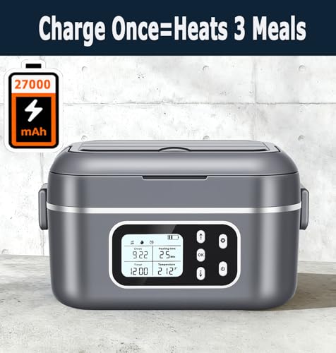 27000mAh Cordless Heated Lunch Box - Gray, 6.3 Cups, Fast Heating & Leak-Proof Container with Bag