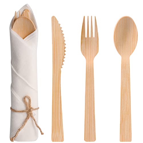 Aowutus 50-Pack Bamboo Cutlery Set with Napkins - Eco-Friendly Disposable Utensils for Party & Wedding