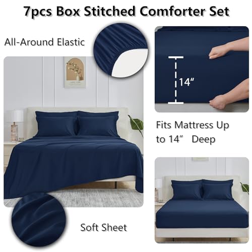 Full Size Comforter Set with 7 Pieces - Navy Blue Bed in a Bag, 82x86 Variation