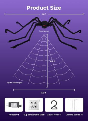 Halloween Decorations Spider Web Lights - Purple 16.4Ft LED Light Up Web & Lifelike Spider