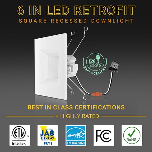 NUWATT 6 Inch Square Recessed LED Can Light with 5 CCT Colors Dimmable Wet Rated