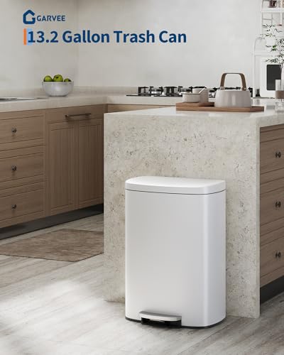 Garvee 13.2 Gal White Metal Kitchen Trash Can with Lid & Inner Bucket - Rustproof, Step-On, Soft Close