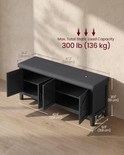 VASAGLE Farmhouse Entryway Shoe Bench with Cushion, 47.2-Inch Ink Black & Slate Gray