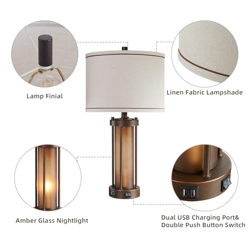 Set of 2 Rustic Farmhouse Table Lamps with USB Charging Ports - Brown