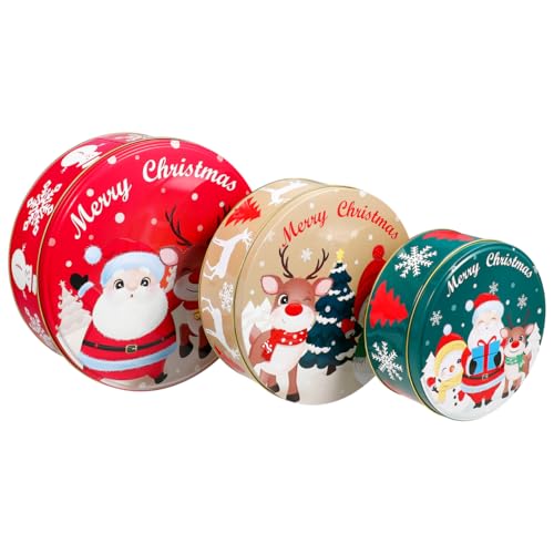 Hemoton 3-Pack Christmas Cookie Tins Set with Lids – Round Metal Nesting Bakeware