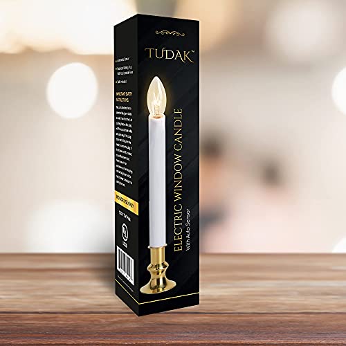 TUDAK 6-Pack Electric Christmas Window Candle Lamps with Auto Sensor - Brass Base, LED Bulb, 9"