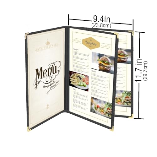 ACI Super Power 3-Page/6-View Black Vinyl Menu Cover with Gold Corners, 8.5" x 11" (Variation: Booklet - 3 Pages / 6 Views)