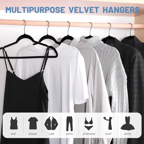 HOUSE DAY 60 Pack Black Velvet Hangers Non-Slip Slim Clothes Closet Organizer