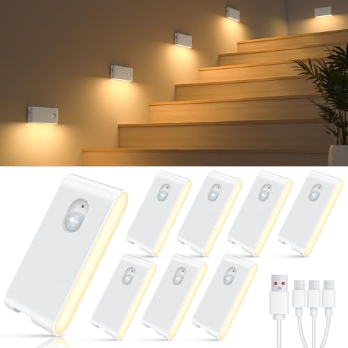 Rechargeable Night Light with Motion Sensor - Warm White Indoor Stair & Cabinet Light 8 Pack