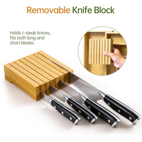 Fyctio Natural Bamboo Expandable Silverware Drawer Organizer with Removable Knife Block
