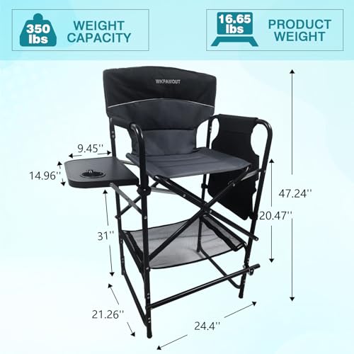 Grey Tall Folding Director Chair 30.7" Seat Height with Side Table & Carry Bag