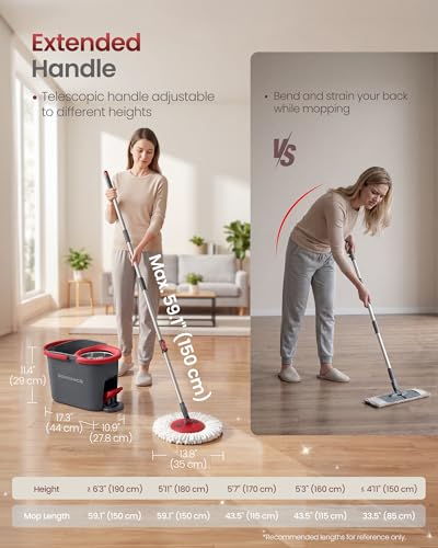 SONGMICS Spin Mop and Bucket Set with Pedal Wringer, 3 Microfiber Pads, Gray + Red