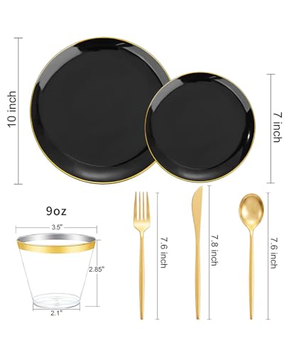 Black and Gold Disposable Plate Set for 25 Guests - Party Cutlery & Cups